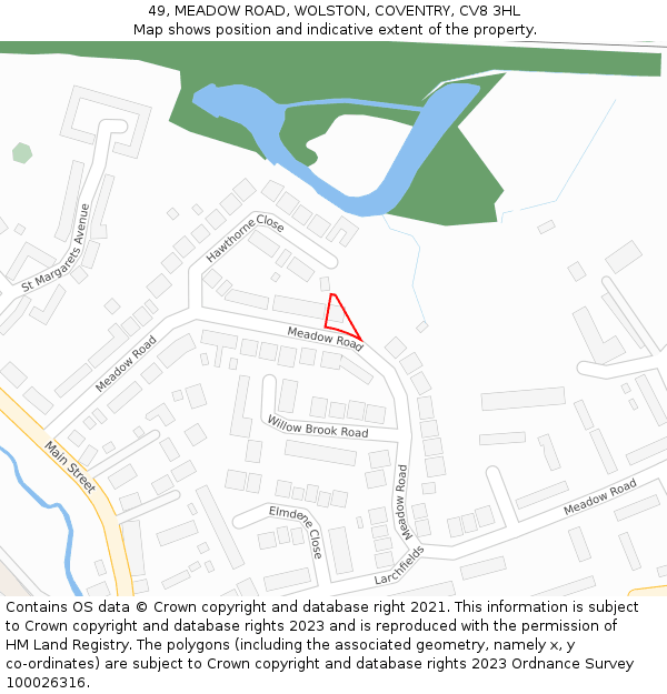 49, MEADOW ROAD, WOLSTON, COVENTRY, CV8 3HL: Location map and indicative extent of plot