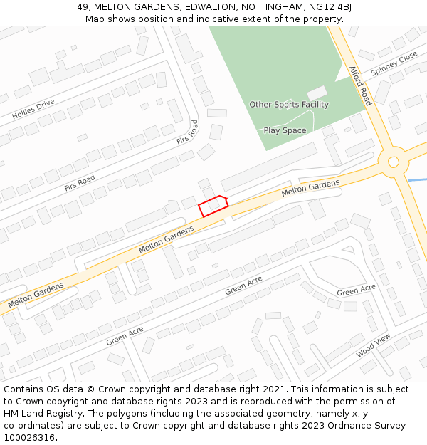 49, MELTON GARDENS, EDWALTON, NOTTINGHAM, NG12 4BJ: Location map and indicative extent of plot