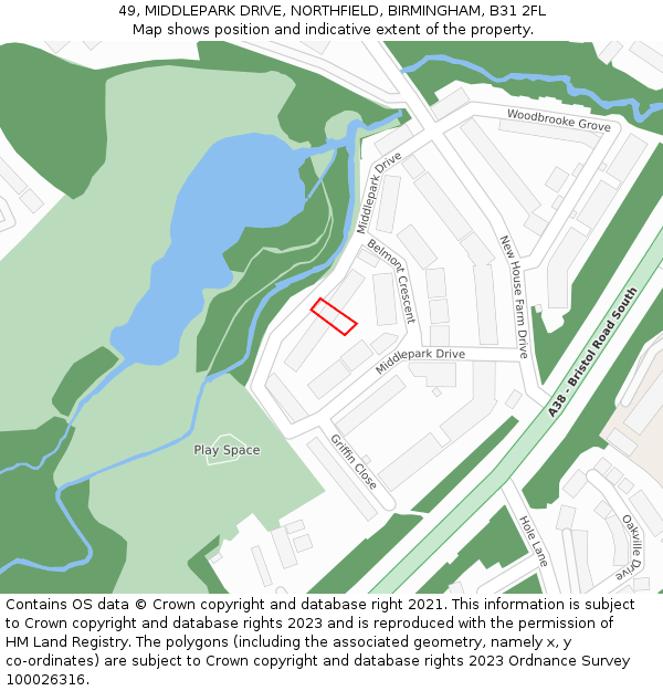 49, MIDDLEPARK DRIVE, NORTHFIELD, BIRMINGHAM, B31 2FL: Location map and indicative extent of plot