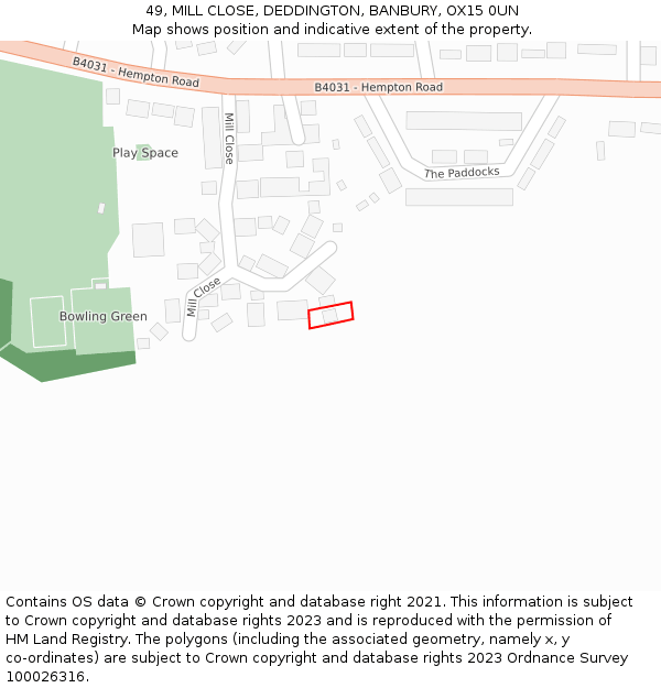 49, MILL CLOSE, DEDDINGTON, BANBURY, OX15 0UN: Location map and indicative extent of plot