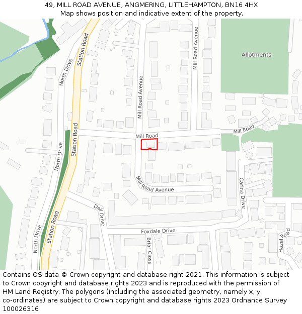 49, MILL ROAD AVENUE, ANGMERING, LITTLEHAMPTON, BN16 4HX: Location map and indicative extent of plot