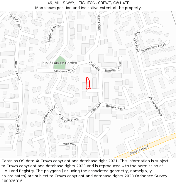 49, MILLS WAY, LEIGHTON, CREWE, CW1 4TF: Location map and indicative extent of plot