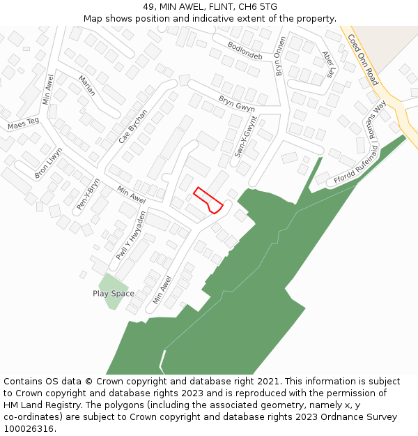 49, MIN AWEL, FLINT, CH6 5TG: Location map and indicative extent of plot