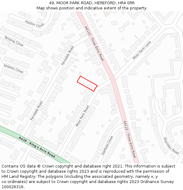 49, MOOR PARK ROAD, HEREFORD, HR4 0RR: Location map and indicative extent of plot