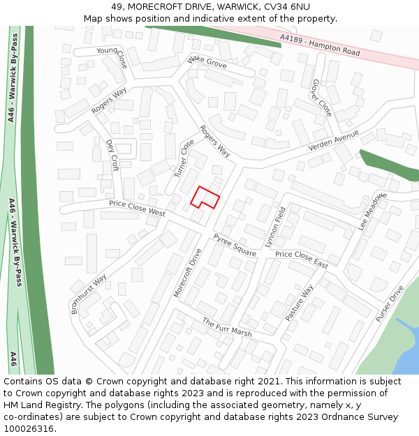 49, MORECROFT DRIVE, WARWICK, CV34 6NU: Location map and indicative extent of plot