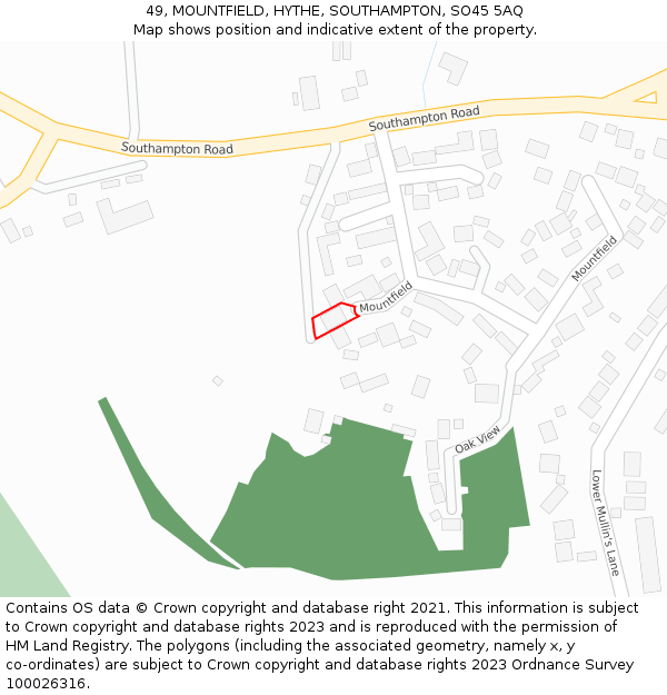 49, MOUNTFIELD, HYTHE, SOUTHAMPTON, SO45 5AQ: Location map and indicative extent of plot