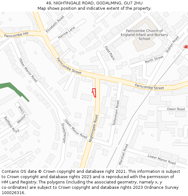 49, NIGHTINGALE ROAD, GODALMING, GU7 2HU: Location map and indicative extent of plot