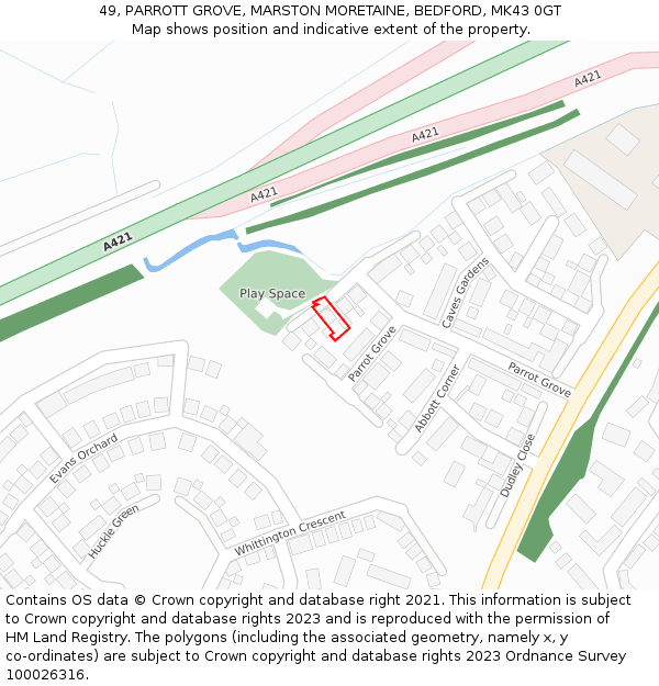 49, PARROTT GROVE, MARSTON MORETAINE, BEDFORD, MK43 0GT: Location map and indicative extent of plot
