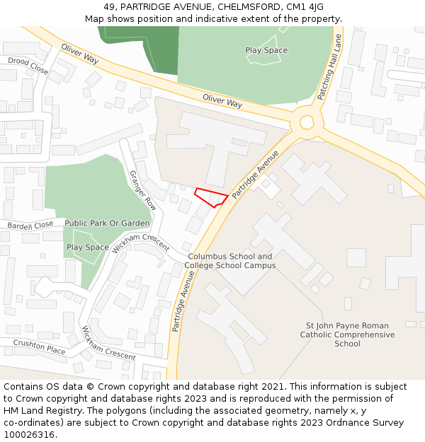 49, PARTRIDGE AVENUE, CHELMSFORD, CM1 4JG: Location map and indicative extent of plot