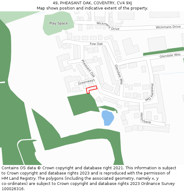 49, PHEASANT OAK, COVENTRY, CV4 9XJ: Location map and indicative extent of plot