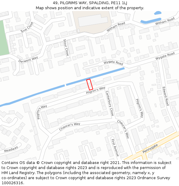 49, PILGRIMS WAY, SPALDING, PE11 1LJ: Location map and indicative extent of plot