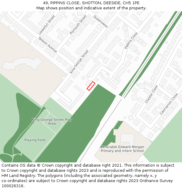 49, PIPPINS CLOSE, SHOTTON, DEESIDE, CH5 1PE: Location map and indicative extent of plot