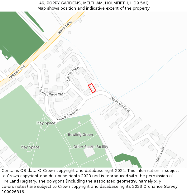 49, POPPY GARDENS, MELTHAM, HOLMFIRTH, HD9 5AQ: Location map and indicative extent of plot