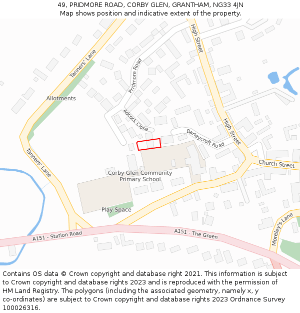 49, PRIDMORE ROAD, CORBY GLEN, GRANTHAM, NG33 4JN: Location map and indicative extent of plot