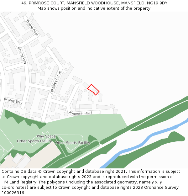 49, PRIMROSE COURT, MANSFIELD WOODHOUSE, MANSFIELD, NG19 9DY: Location map and indicative extent of plot