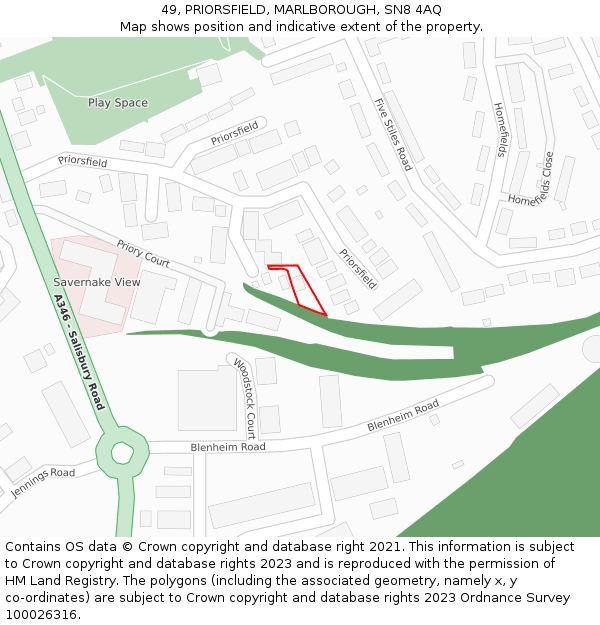 49, PRIORSFIELD, MARLBOROUGH, SN8 4AQ: Location map and indicative extent of plot