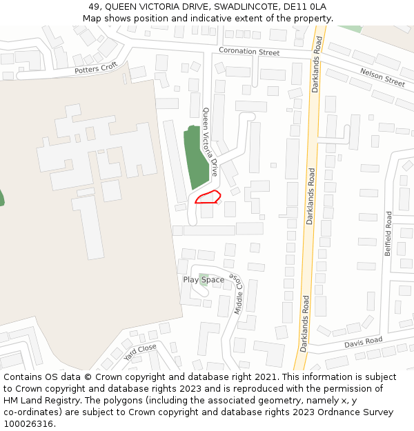 49, QUEEN VICTORIA DRIVE, SWADLINCOTE, DE11 0LA: Location map and indicative extent of plot