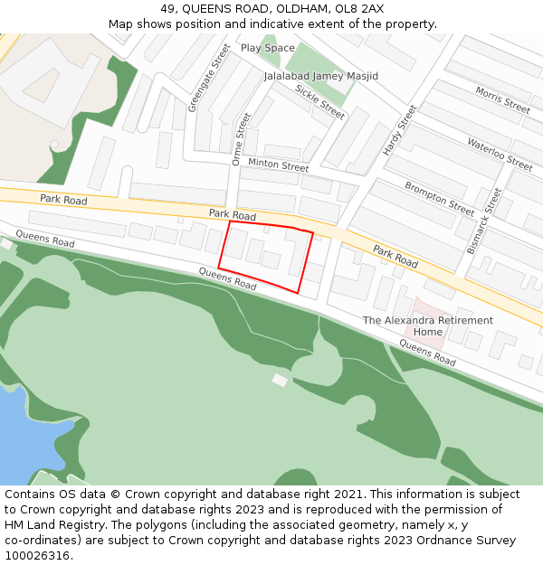 49, QUEENS ROAD, OLDHAM, OL8 2AX: Location map and indicative extent of plot