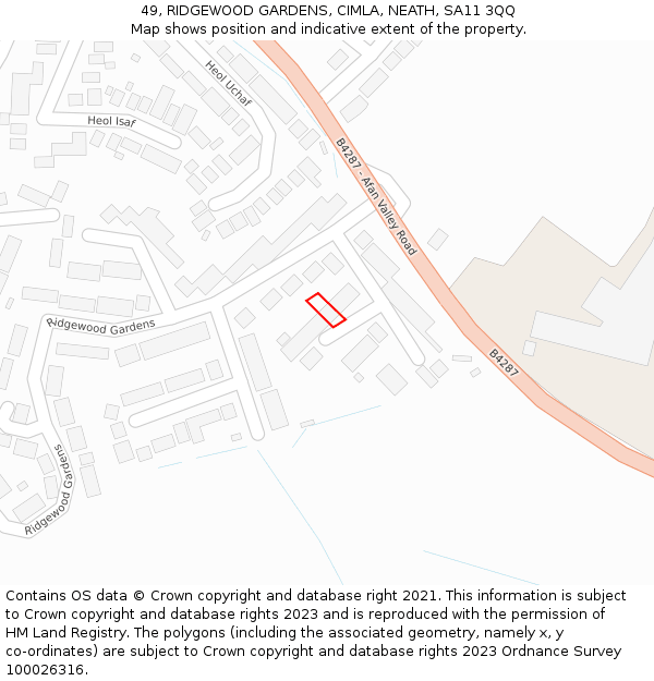 49, RIDGEWOOD GARDENS, CIMLA, NEATH, SA11 3QQ: Location map and indicative extent of plot