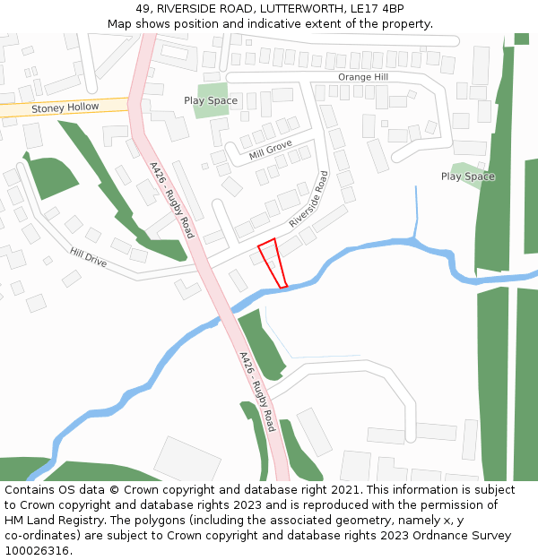 49, RIVERSIDE ROAD, LUTTERWORTH, LE17 4BP: Location map and indicative extent of plot