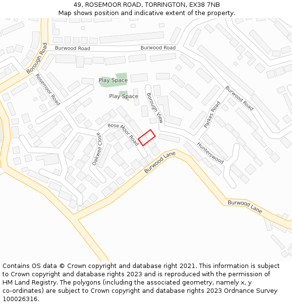 49, ROSEMOOR ROAD, TORRINGTON, EX38 7NB: Location map and indicative extent of plot