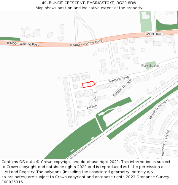 49, RUNCIE CRESCENT, BASINGSTOKE, RG23 8BW: Location map and indicative extent of plot