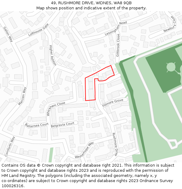 49, RUSHMORE DRIVE, WIDNES, WA8 9QB: Location map and indicative extent of plot