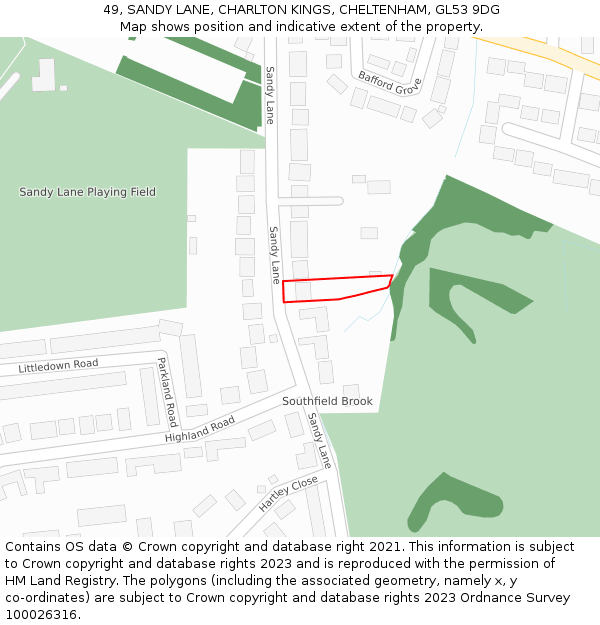 49, SANDY LANE, CHARLTON KINGS, CHELTENHAM, GL53 9DG: Location map and indicative extent of plot