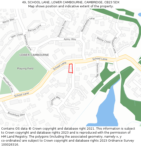 49, SCHOOL LANE, LOWER CAMBOURNE, CAMBRIDGE, CB23 5DX: Location map and indicative extent of plot