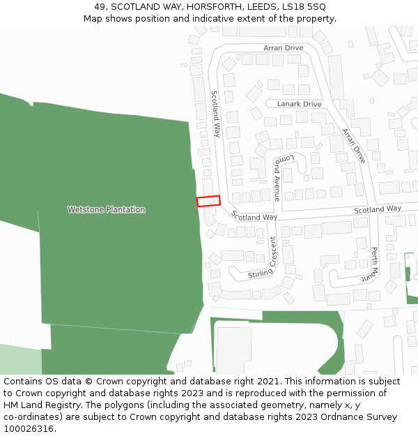 49, SCOTLAND WAY, HORSFORTH, LEEDS, LS18 5SQ: Location map and indicative extent of plot
