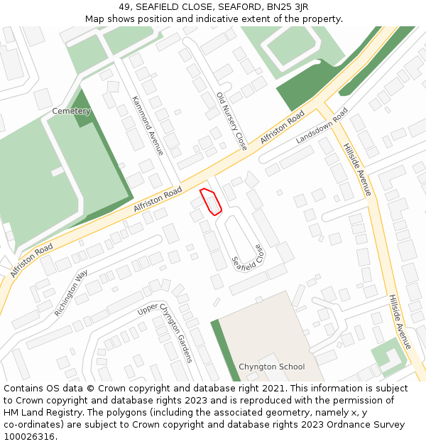 49, SEAFIELD CLOSE, SEAFORD, BN25 3JR: Location map and indicative extent of plot