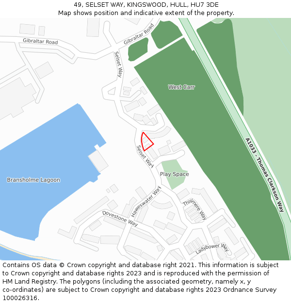 49, SELSET WAY, KINGSWOOD, HULL, HU7 3DE: Location map and indicative extent of plot