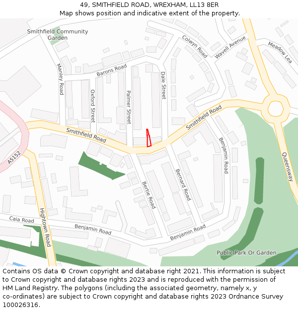 49, SMITHFIELD ROAD, WREXHAM, LL13 8ER: Location map and indicative extent of plot