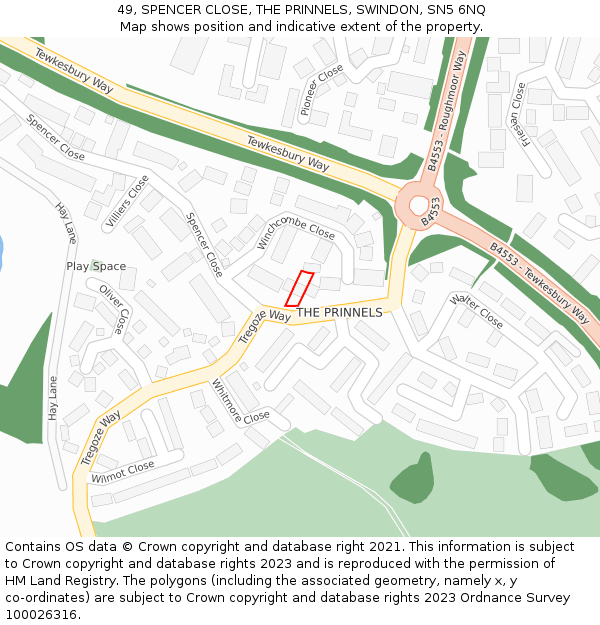 49, SPENCER CLOSE, THE PRINNELS, SWINDON, SN5 6NQ: Location map and indicative extent of plot