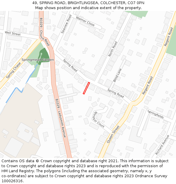 49, SPRING ROAD, BRIGHTLINGSEA, COLCHESTER, CO7 0PN: Location map and indicative extent of plot