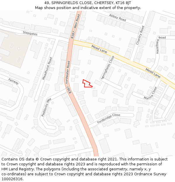 49, SPRINGFIELDS CLOSE, CHERTSEY, KT16 8JT: Location map and indicative extent of plot