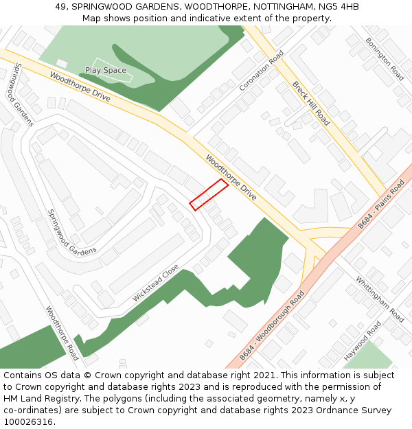 49, SPRINGWOOD GARDENS, WOODTHORPE, NOTTINGHAM, NG5 4HB: Location map and indicative extent of plot