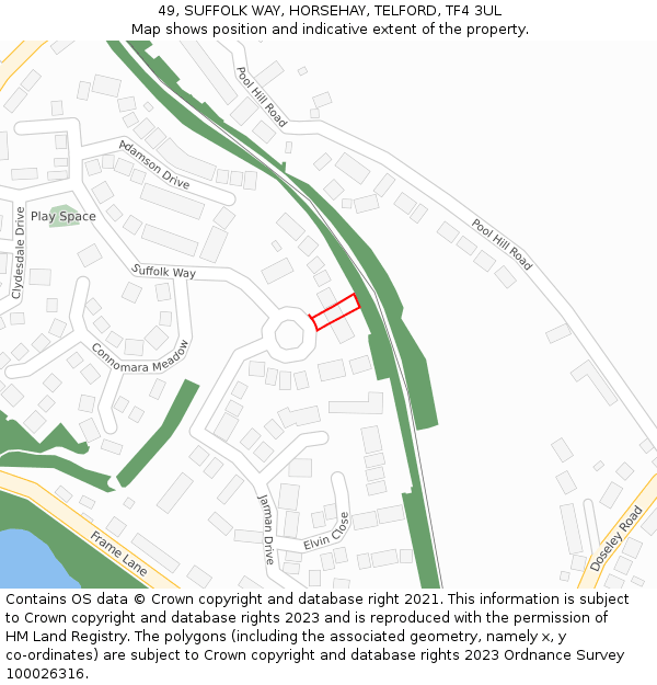 49, SUFFOLK WAY, HORSEHAY, TELFORD, TF4 3UL: Location map and indicative extent of plot