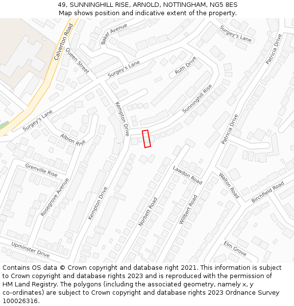 49, SUNNINGHILL RISE, ARNOLD, NOTTINGHAM, NG5 8ES: Location map and indicative extent of plot