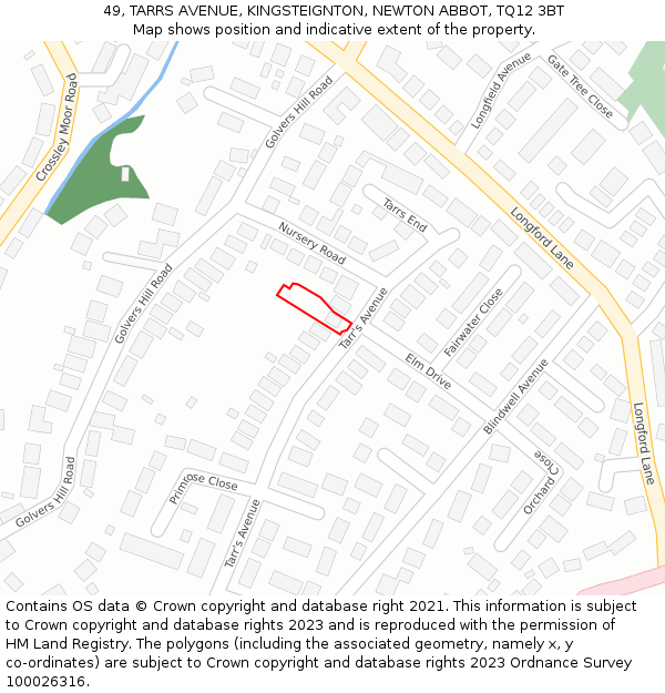 49, TARRS AVENUE, KINGSTEIGNTON, NEWTON ABBOT, TQ12 3BT: Location map and indicative extent of plot