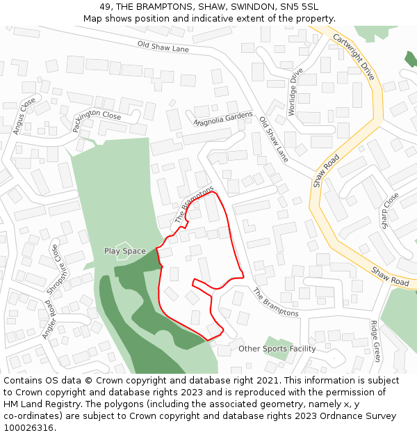 49, THE BRAMPTONS, SHAW, SWINDON, SN5 5SL: Location map and indicative extent of plot