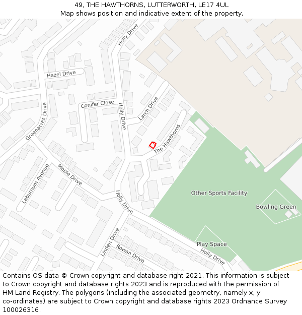 49, THE HAWTHORNS, LUTTERWORTH, LE17 4UL: Location map and indicative extent of plot