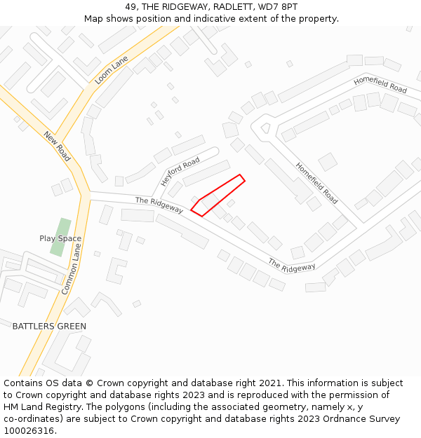 49, THE RIDGEWAY, RADLETT, WD7 8PT: Location map and indicative extent of plot