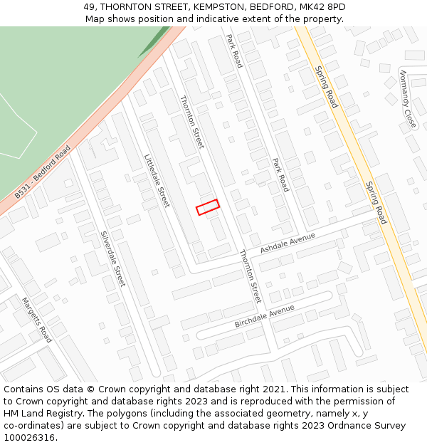 49, THORNTON STREET, KEMPSTON, BEDFORD, MK42 8PD: Location map and indicative extent of plot