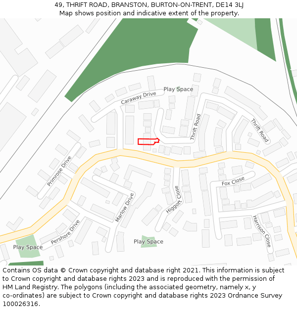 49, THRIFT ROAD, BRANSTON, BURTON-ON-TRENT, DE14 3LJ: Location map and indicative extent of plot