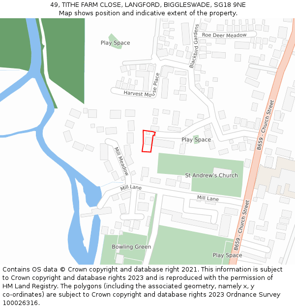 49, TITHE FARM CLOSE, LANGFORD, BIGGLESWADE, SG18 9NE: Location map and indicative extent of plot
