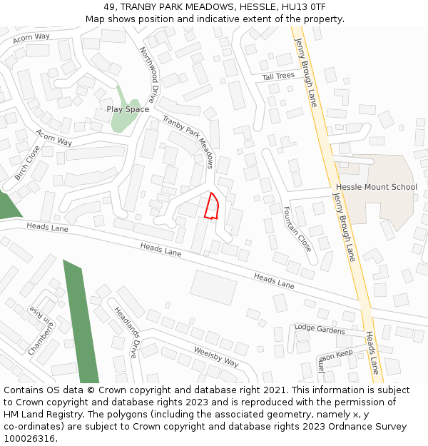 49, TRANBY PARK MEADOWS, HESSLE, HU13 0TF: Location map and indicative extent of plot