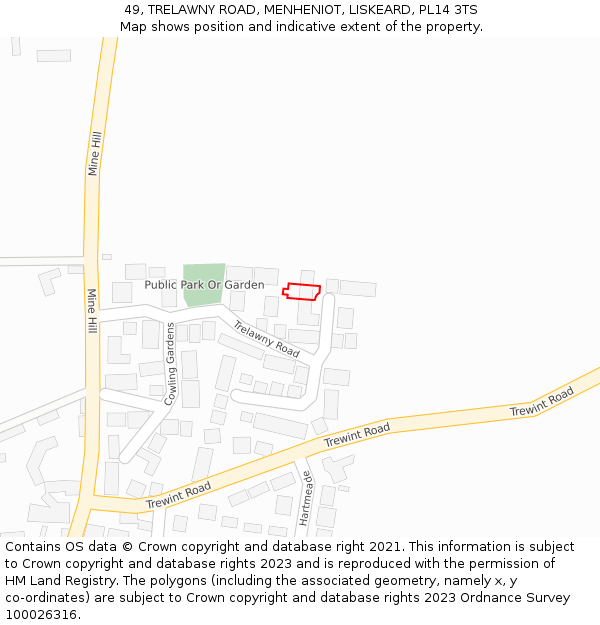 49, TRELAWNY ROAD, MENHENIOT, LISKEARD, PL14 3TS: Location map and indicative extent of plot