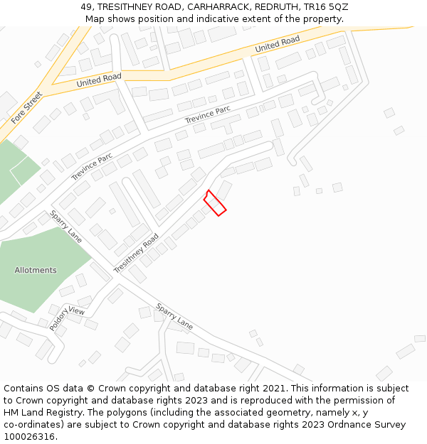 49, TRESITHNEY ROAD, CARHARRACK, REDRUTH, TR16 5QZ: Location map and indicative extent of plot