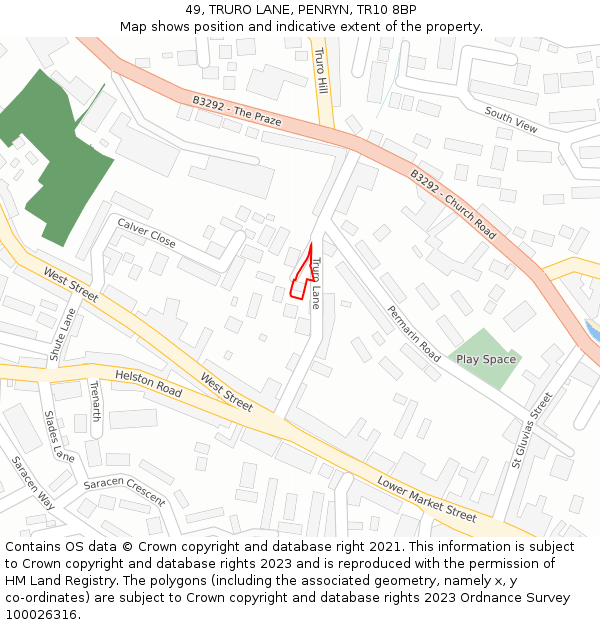 49, TRURO LANE, PENRYN, TR10 8BP: Location map and indicative extent of plot